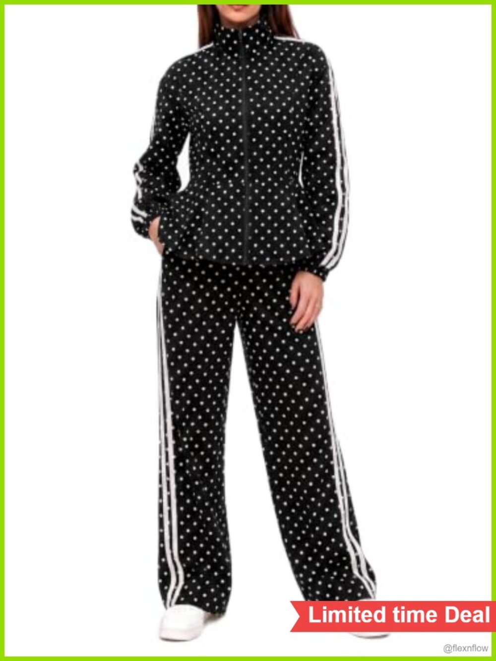 Fisoew Women 2 Piece Polka Dot Ruffle Zip Up Jacket & Wide Leg Pant Set
